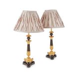 PAIR OF PATINATED BRONZE AND GILT METAL LAMPS 19TH CENTURY