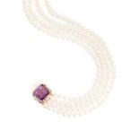 An amethyst, diamond and cultured pearl necklace