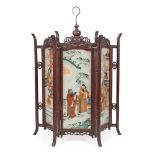 HARDWOOD AND REVERSE-PAINTED GLASS HANGING LANTERN 19TH-20TH CENTURY