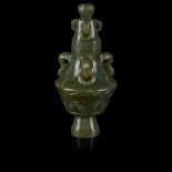 SPINACH JADE ARCHAISTIC LIDDED VASE LATE QING DYNASTY TO REPUBLIC PERIOD, 19TH-20TH CENTURY
