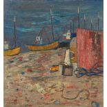 § DAVID MCLEOD MARTIN R.S.W., R.G.I., S.S.A (SCOTTISH 1922-2018) HUT & BOATS DUNGENESS - 1985