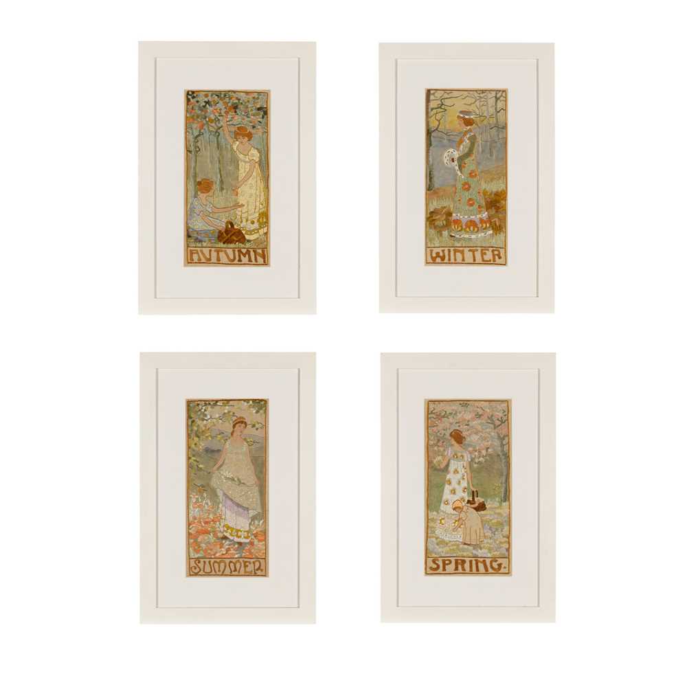 ENGLISH SCHOOL THE SEASONS, FOUR ARTS & CRAFTS EMBROIDERED PANELS, CIRCA 1900