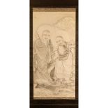 INK SCROLL PAINTING OF TWO ARHATS ATTRIBUTED TO DING YUNPENG (1547-1628), QING DYNASTY