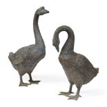 PAIR OF PATINATED BRONZE GEESE 20TH CENTURY