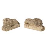 PAIR OF SMALL COMPOSITION STONE RECUMBENT LIONS MODERN