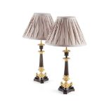 PAIR OF GILT AND PATINATED BRONZE LAMPS EARLY 19TH CENTURY