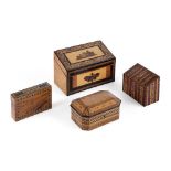 Y FOUR VARIOUS TUNBRIDGE WARE STATIONERY BOXES 19TH CENTURY