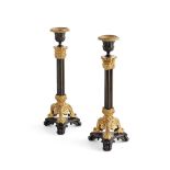 PAIR OF REGENCY PATINATED AND GILT BRONZE CANDLESTICKS EARLY 19TH CENTURY