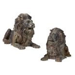 PAIR OF LARGE BRONZE RECUMBENT LIONS EARLY 20TH CENTURY