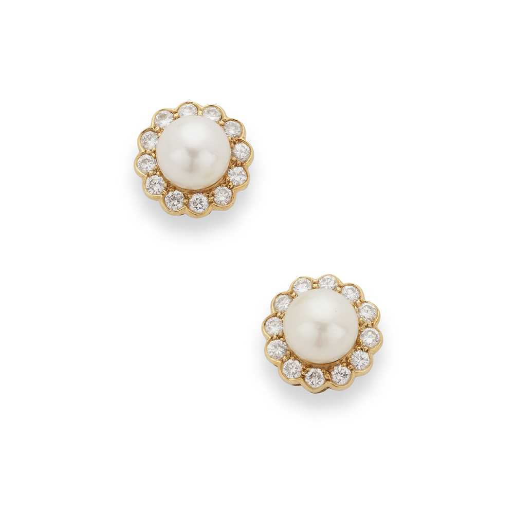 A pair of cultured pearl and diamond cluster earrings