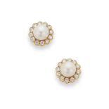 A pair of cultured pearl and diamond cluster earrings