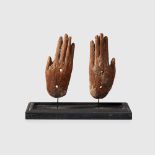 ANCIENT EGYPTIAN WOODEN HANDS FROM AN ANTHROPOID SARCOPHAGUS EGYPT, LATE PERIOD, 664 - 332 B.C.