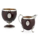 A VICTORIAN SILVER MOUNTED PRESENTATION COCONUT SUGAR BOWL AND CREAM JUG HAMILTON & INCHES, EDINBURG