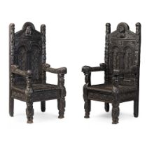 PAIR OF JACOBETHAN OAK ARMCHAIRS 19TH CENTURY, INCORPORATING SOME EARLIER PARTS