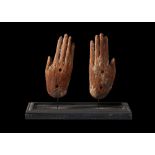 ANCIENT EGYPTIAN WOODEN HANDS FROM AN ANTHROPOID SARCOPHAGUS EGYPT, LATE PERIOD, 664 - 332 B.C.