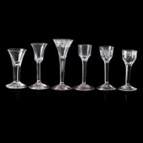 SIX VARIOUS PLAIN STEM GEORGIAN GLASSES MID 18TH CENTURY