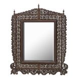 BURMESE CARVED AND PIERCED HARDWOOD AND WIRE INLAID MIRROR 20TH CENTURY