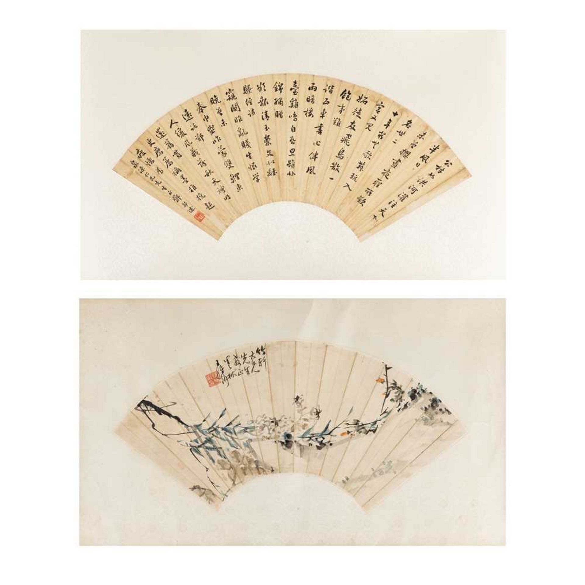 AN INK FAN LEAF CALLIGRAPHY AND A PAINTING ATTRIBUTED TO DENG BANGSHU (1868-1939) AND WANG WEIHAN (C