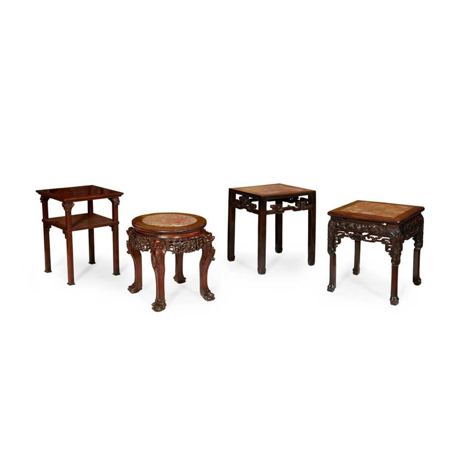 [A PRIVATE SCOTTISH COLLECTION, MORAY] GROUP OF FOUR HARDWOOD WITH MARBLE INLAID JARDINIÈRE STANDS L