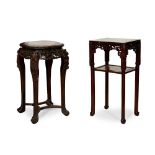 [A PRIVATE SCOTTISH COLLECTION, MORAY] TWO HARDWOOD WITH MARBLE INLAID JARDINIÈRE STANDS LATE QING D