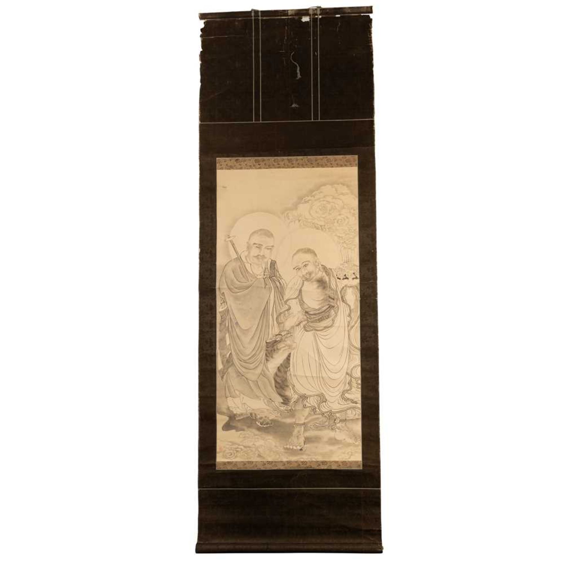 INK SCROLL PAINTING OF TWO ARHATS ATTRIBUTED TO DING YUNPENG (1547-1628), QING DYNASTY - Image 2 of 3