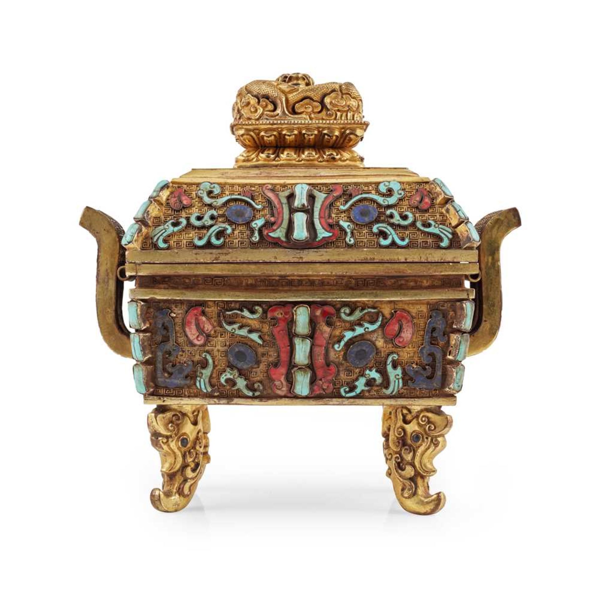 [A PRIVATE SCOTTISH COLLECTION, EDINBURGH] HARDSTONE AND CORAL-INLAID GILT BRONZE CENSER, FANGDING L - Image 2 of 3