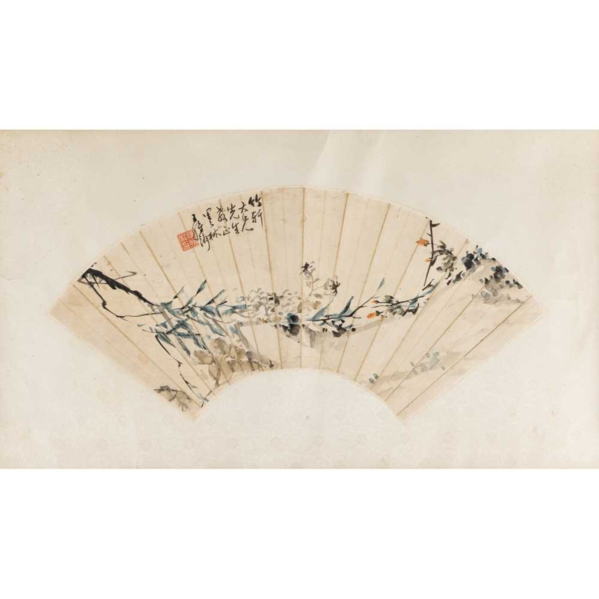 AN INK FAN LEAF CALLIGRAPHY AND A PAINTING ATTRIBUTED TO DENG BANGSHU (1868-1939) AND WANG WEIHAN (C - Image 3 of 3