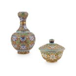 TWO GILT-BRONZE, CLOISONNE AND CHAMPLEVE ENAMEL WARES