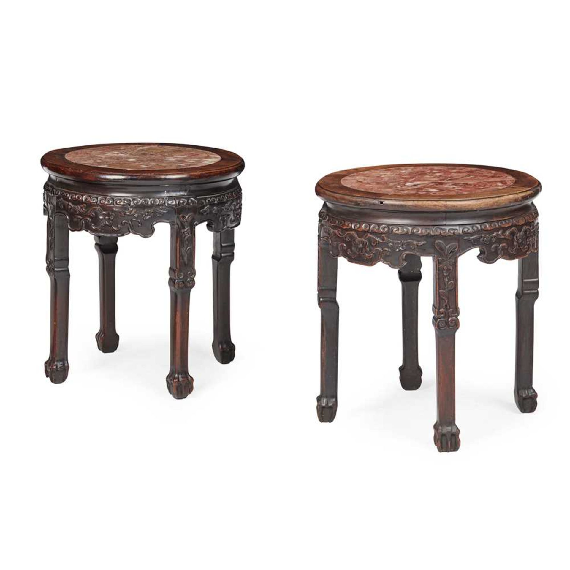 PAIR OF HARDWOOD WITH MARBLE INSET STOOLS LATE QING DYNASTY-REPUBLIC PERIOD, 19TH-20TH CENTURY