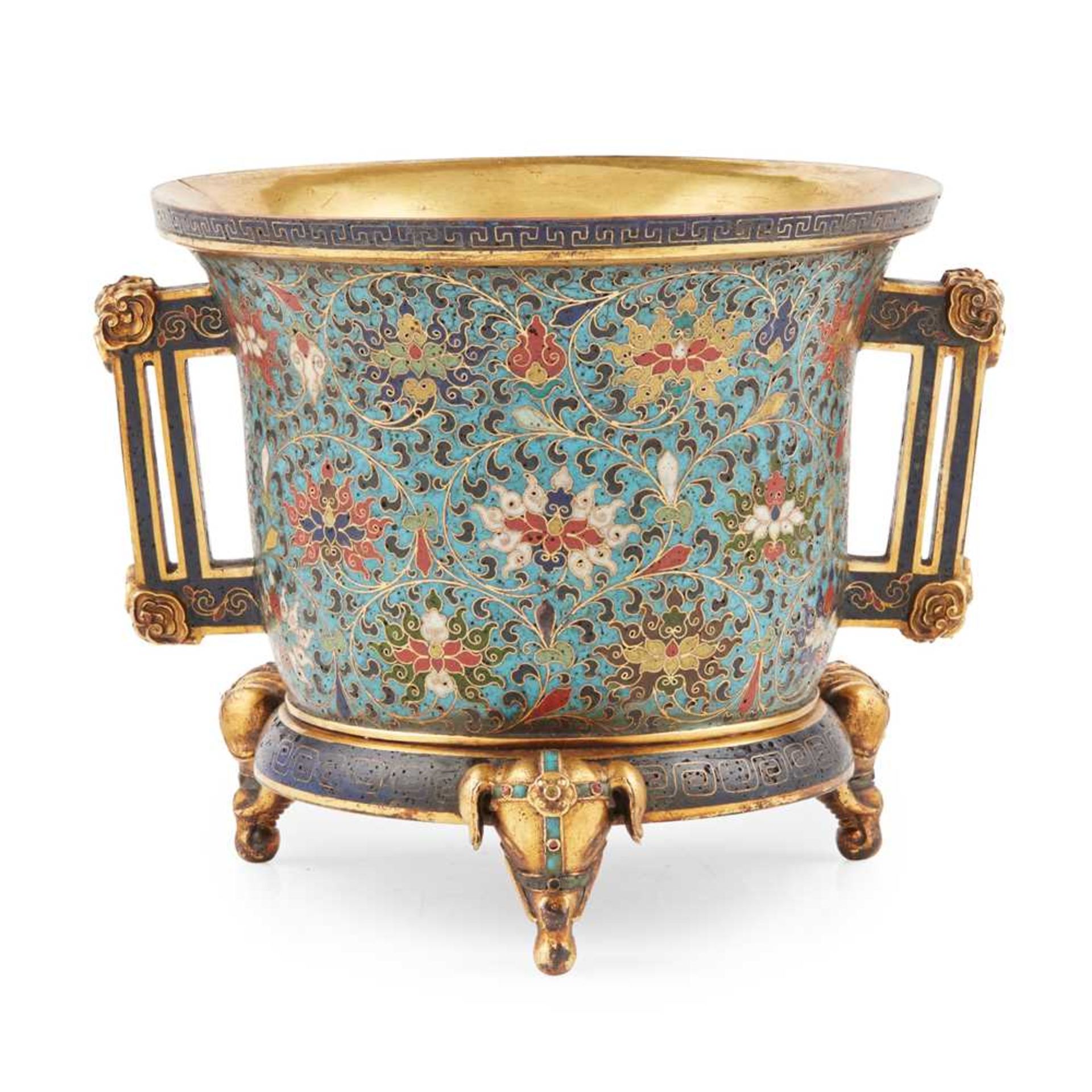 CLOISONNE ENAMEL 'LOTUS' TRIPOD CENSER JINGTAI MARK, 19TH-20TH CENTURY