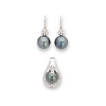 A pair of Tahitian pearl and diamond earrings and matching pendant