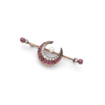 A ruby, diamond and pearl crescent bar brooch
