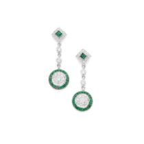 A pair of emerald and diamond pendent earrings