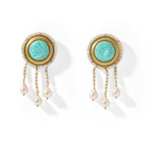 Giovanni Manetti: A pair of turquoise and cultured pearl earrings