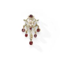 Mrs Newman: A garnet, diamond and enamel pendant, circa 1900