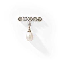 An early 20th century natural pearl and diamond pendent brooch