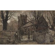 TOM SCOTT R.S.A. (SCOTTISH 1854-1927) AFTER THE SERVICE, ETTRICK KIRK