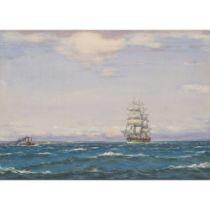 PATRICK DOWNIE R.S.W (SCOTTISH 1871-1945) THE GREEN BARQUE OFF TURNBERRY LIGHT