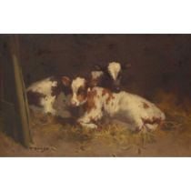 DAVID GAULD R.S.A. (SCOTTISH 1865-1936) CALVES IN A BYRE