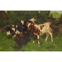 DAVID GAULD R.S.A. (SCOTTISH 1865-1936) CALVES BY A WATERBUTT