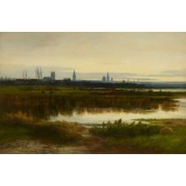 WILLIAM BEATTIE BROWN R.S.A. (SCOTTISH 1831-1909) A RIVER LANDSCAPE WITH DISTANT TOWN AT DUSK