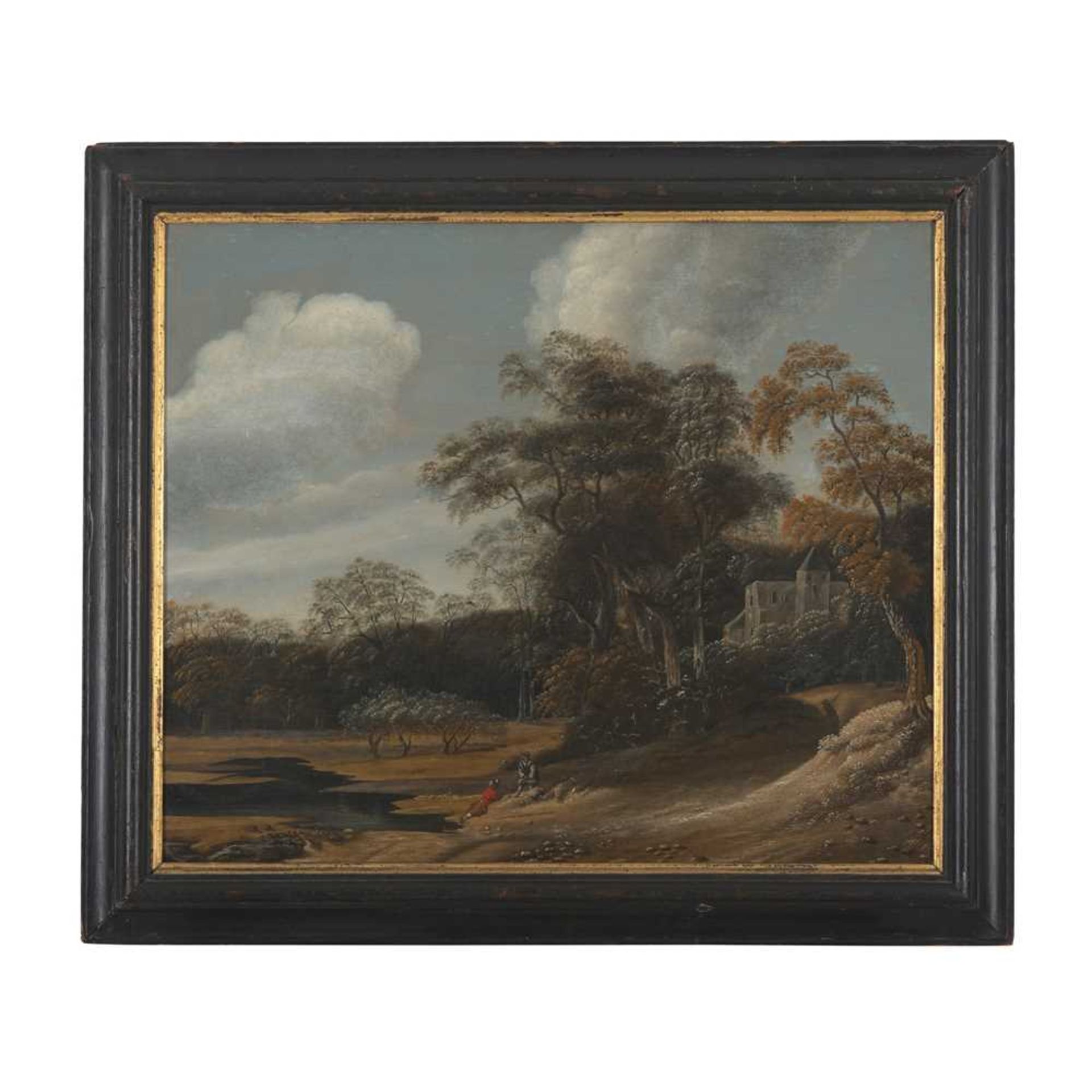 17TH CENTURY DUTCH SCHOOL A WOODED LANDSCAPE WITH TRAVELLERS ON A PATH - Image 2 of 3