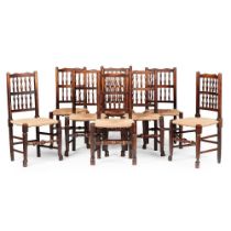 MATCHED SET OF EIGHT OAK LANCASHIRE SPINDLE BACK SIDE CHAIRS 19TH CENTURY