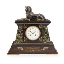 FRENCH EGYPTIAN REVIVAL SLATE, GREEN MARBLE, AND BRONZE MANTEL CLOCK LATE 19TH CENTURY