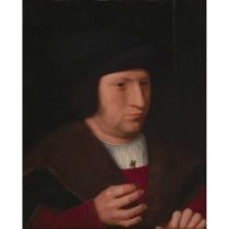 16TH CENTURY NETHERLANDISH SCHOOL PORTRAIT OF A MAN IN FUR CAPE HOLDING A HEARTSEASE