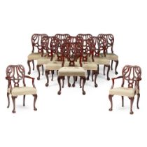 SET OF TWELVE GEORGE II STYLE CARVED MAHOGANY DINING CHAIRS, TO A DESIGN BY GILES GRENDEY, BY R. STR