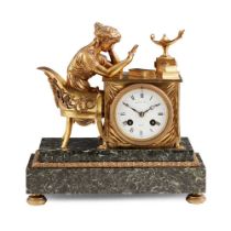FRENCH EMPIRE STYLE GILT BRONZE AND MARBLE FIGURAL MANTEL CLOCK, MAPLE & CO, PARIS LATE 19TH CENTURY