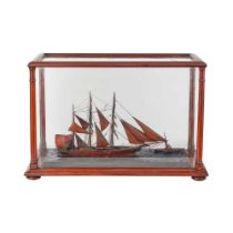 VICTORIAN MAHOGANY AND PAINTED WOOD MODEL SHIP 19TH CENTURY