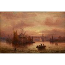 WILLIAM THORNLEY (BRITISH 1830-1893) A BUSY HARBOUR SCENE BY MOONLIGHT
