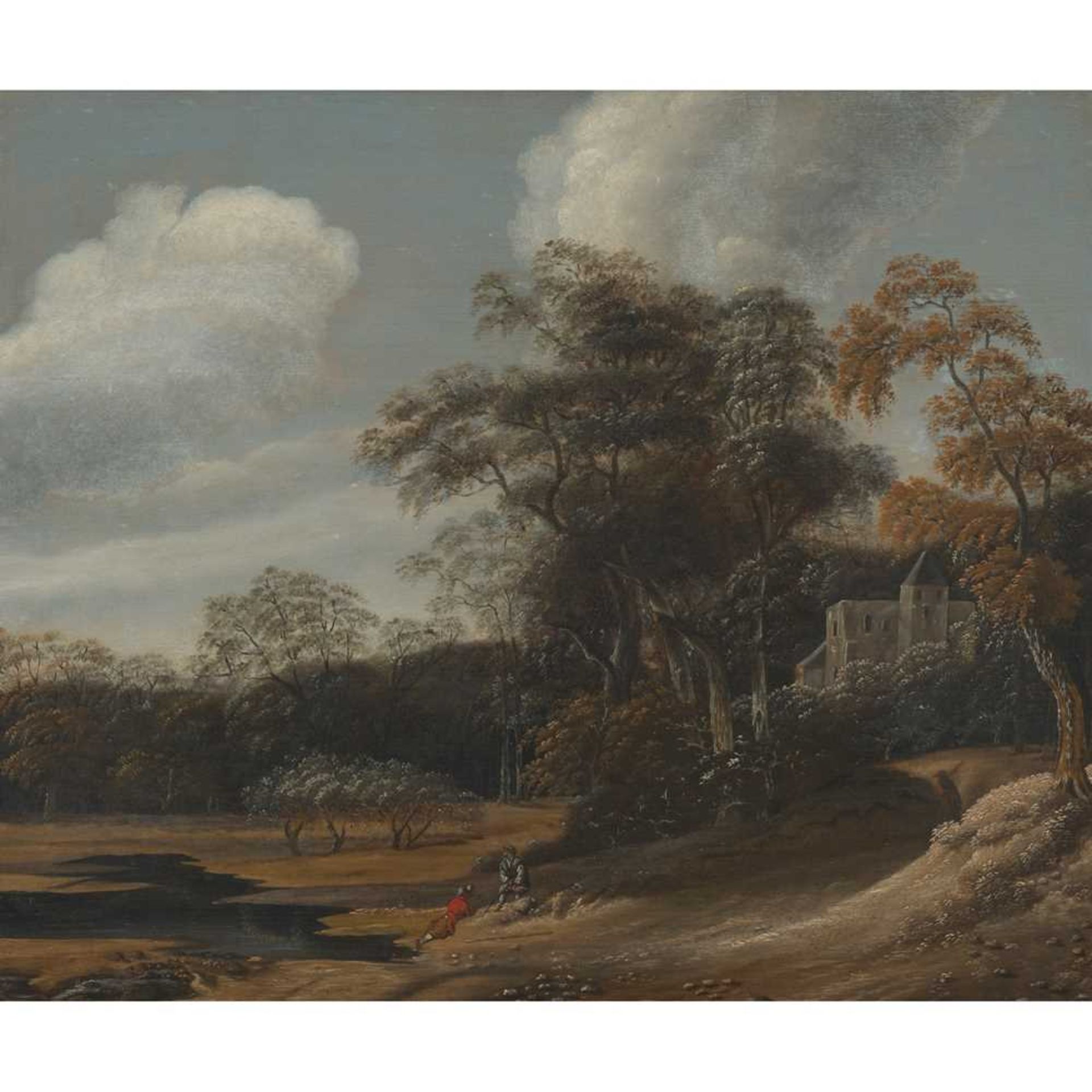 17TH CENTURY DUTCH SCHOOL A WOODED LANDSCAPE WITH TRAVELLERS ON A PATH